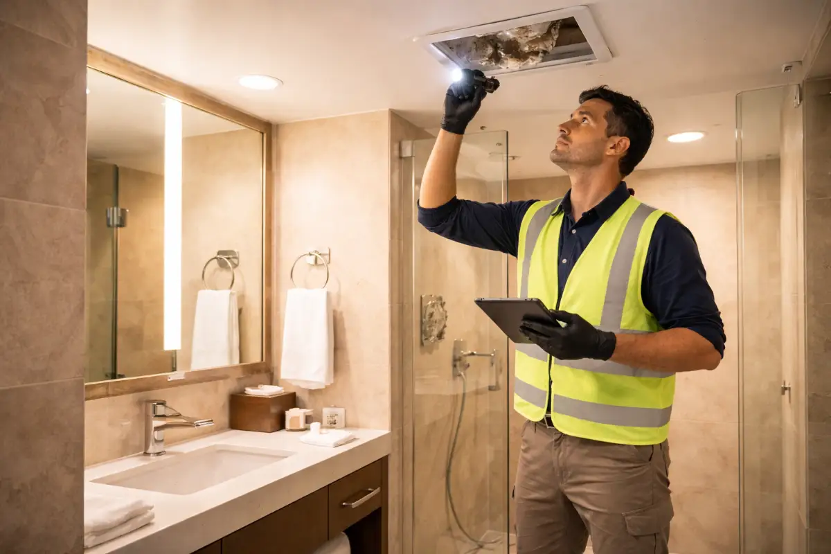 Commercial mold inspector in hotel room bathroom